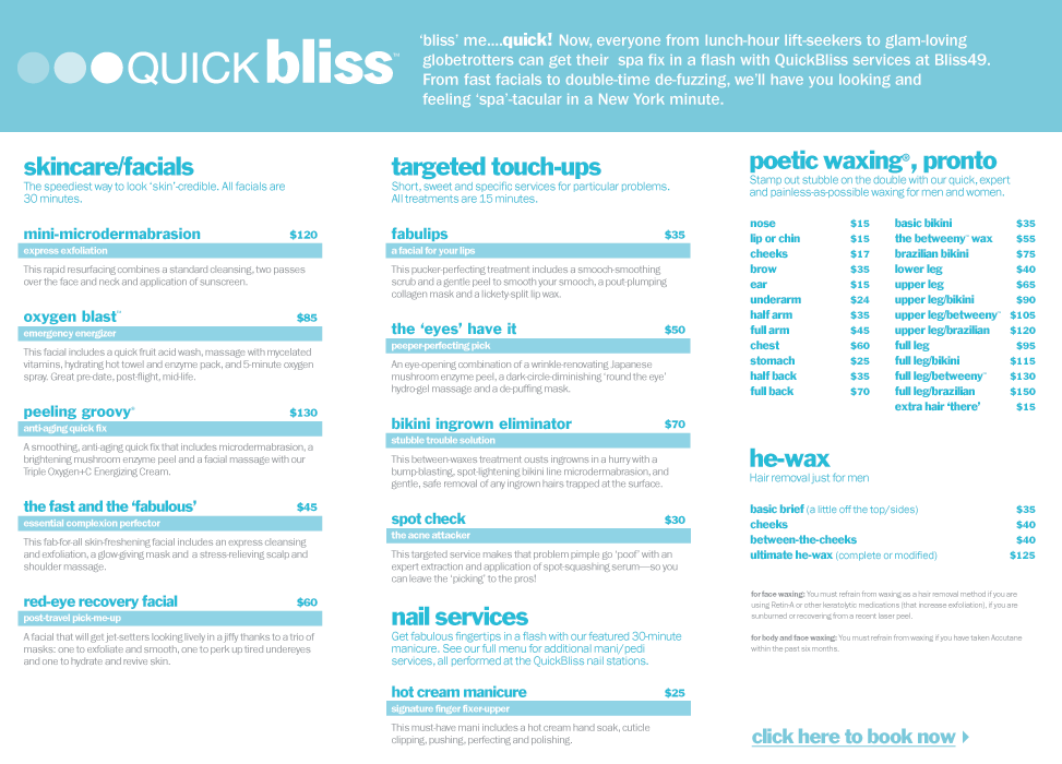 quickbliss spa menu